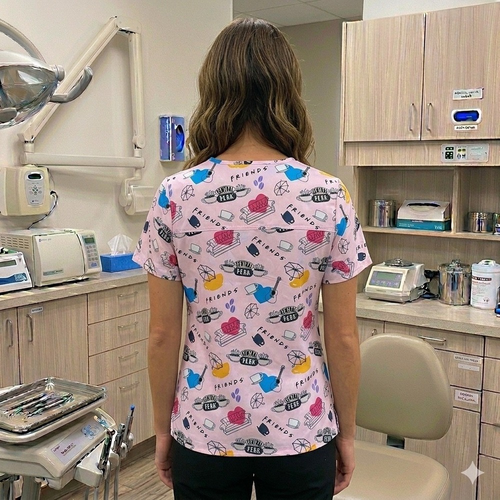 Cherokee Tooniforms Friends Scrub Top Women S Pink Central Perk V-Neck **NEW** - Picture 2 of 11